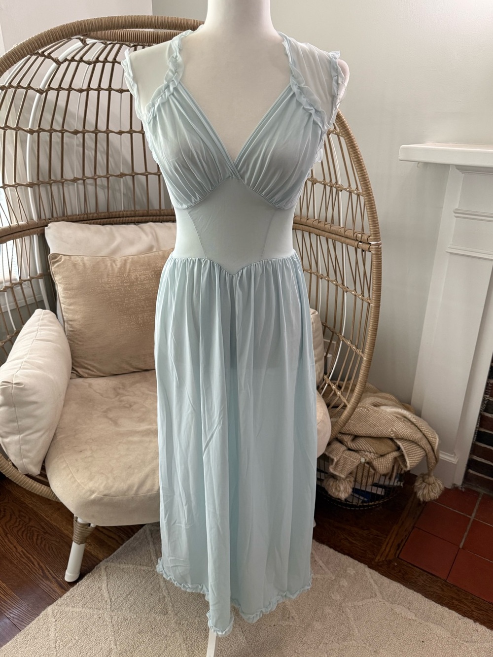 Vintage Schiaparelli Pale Blue Chiffon Ruffle Nightgown Lingerie Maxi Gown